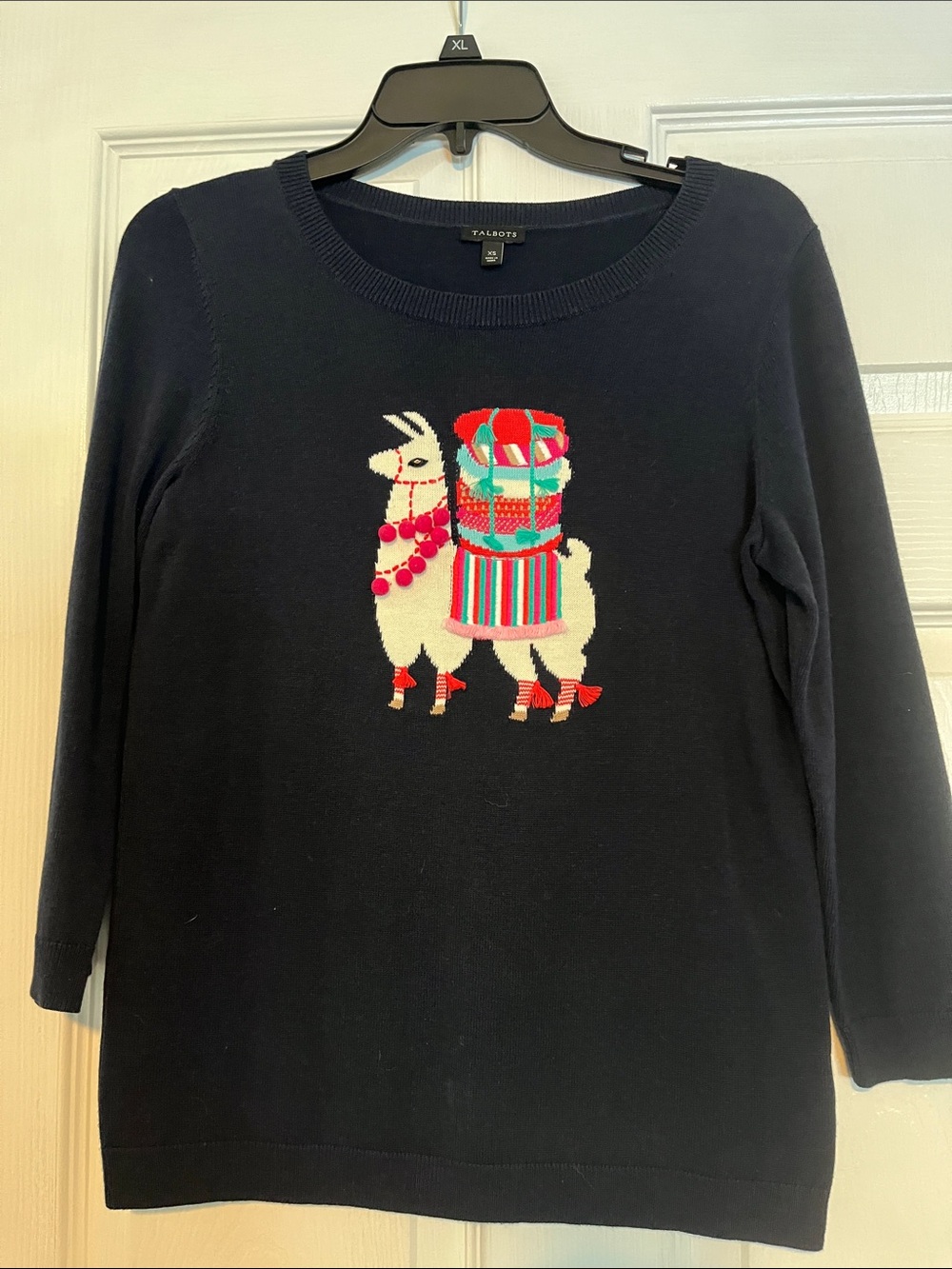 Talbots Navy Crewneck Sweater with Festive Llama Motif